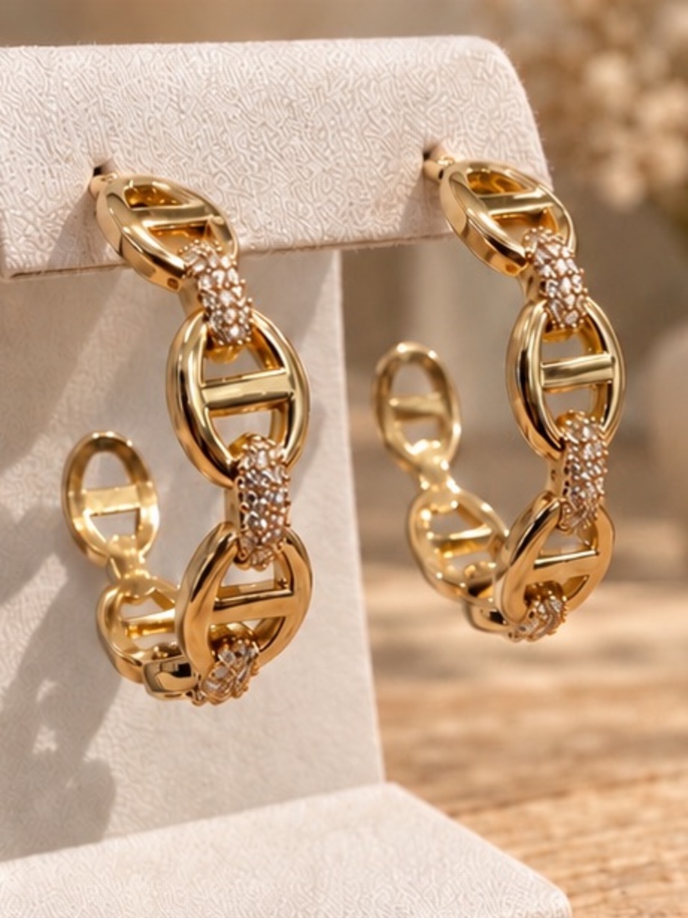 Designer Inspired Gold Tone Anchor Link Hoop Earrings with Rhinestone Accents